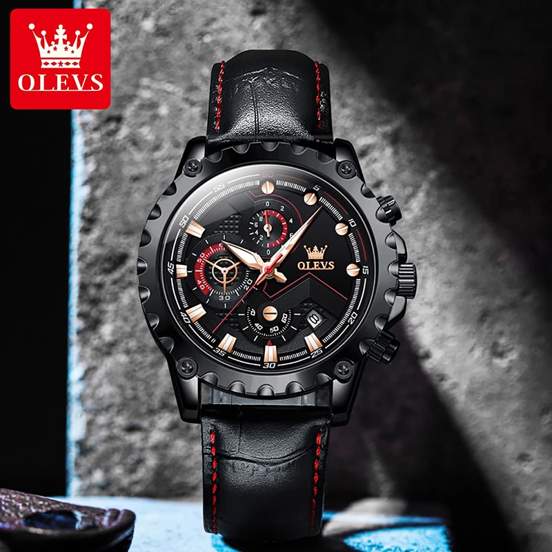 OLEVS Fashion Quartz Watch for Men Three Dial Sport Chronograph Casual Waterproof Leather