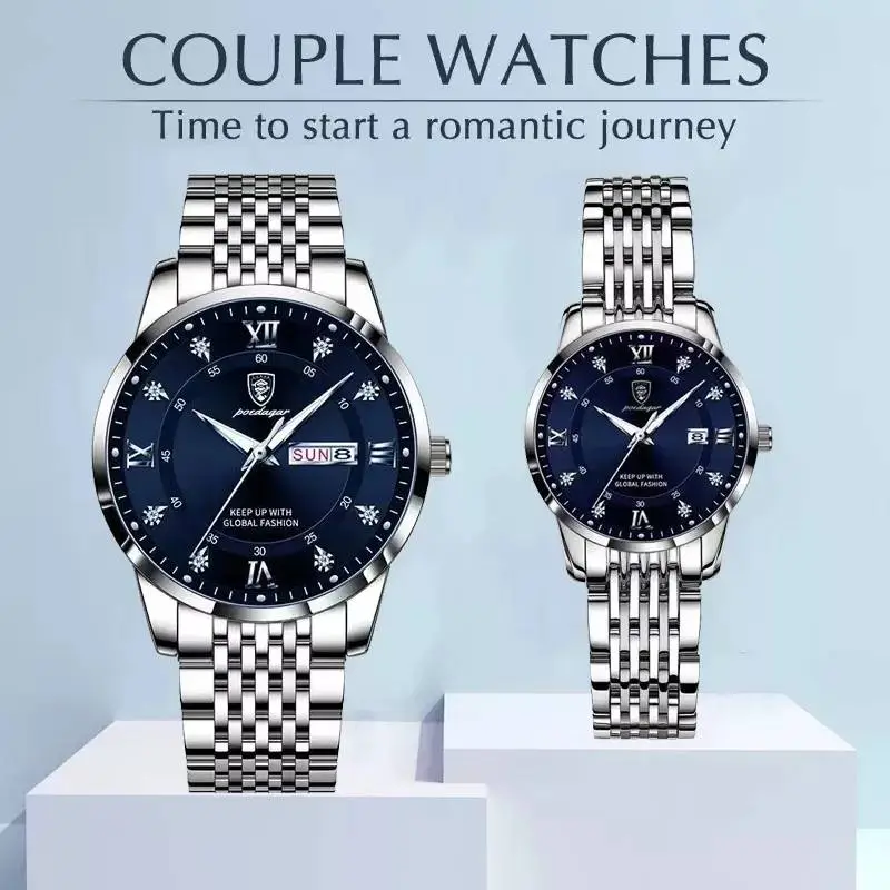 POEDAGAR Couple Fashion Luxury Stainless Stain Business Quartz Waterproof Luminous Wristwatch Blue Dial