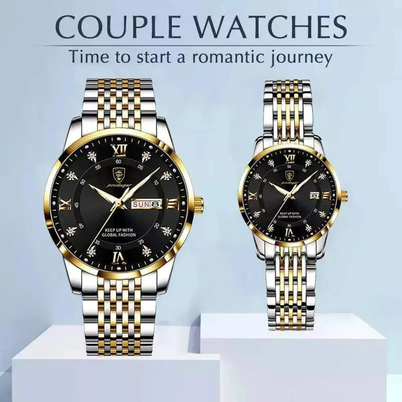POEDAGAR Couple Fashion Luxury Stainless Stain Business Quartz Waterproof Luminous Wristwatch Black Dial