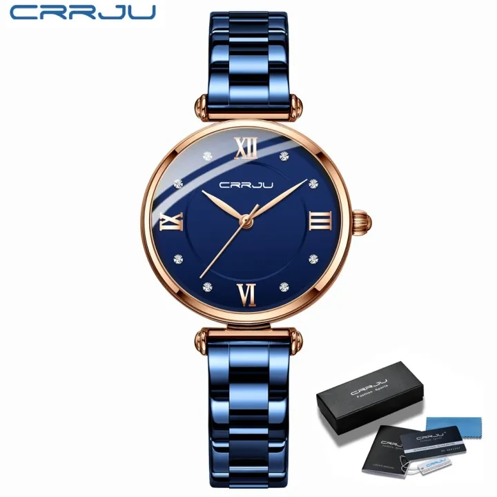 CRRJU Fashion Luxury Blue  Ladies Stainless Steel Watch