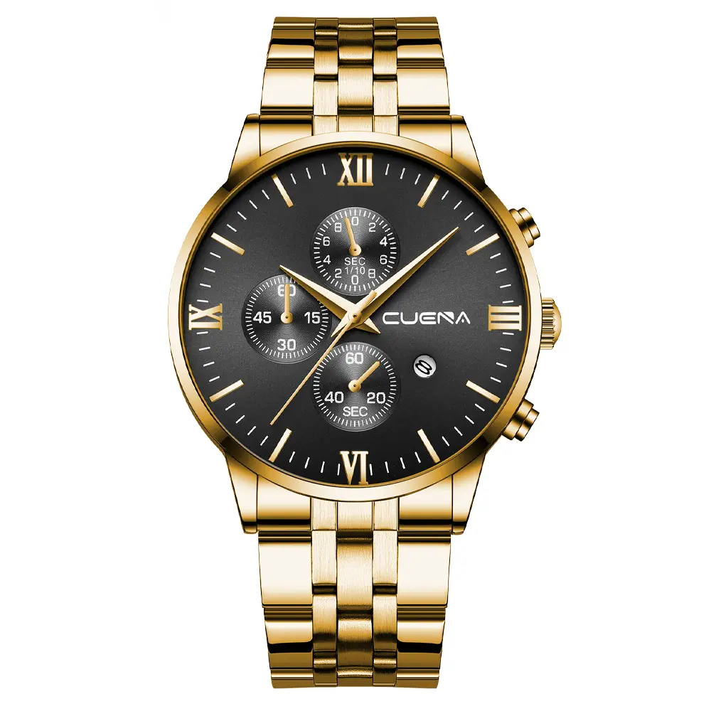 CUENA  Luxury Stainless Steel Fashion Sports Quartz Wristwatch-Golden Black