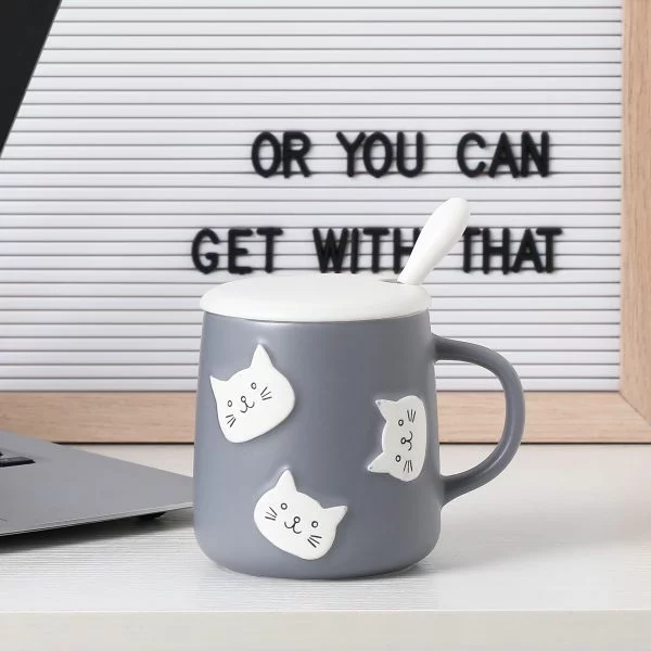 Creative Cartoon Relief Cat Ceramic Mug with Lid Spoon (Gray)