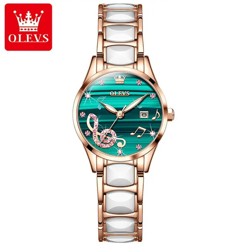 Olevs Rose Gold Ceramics Watchstrap Wrist Watch For Women - Green & Rose Gold