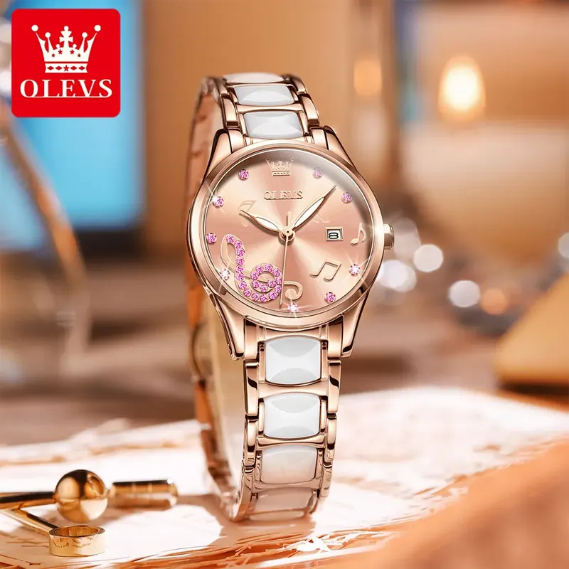 Olevs Rose Gold Ceramics Watchstrap Wrist Watch For Women - Pink & Rose Gold