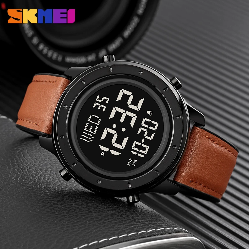 SKMEI Street Fashion Big Numbers Chrono Alarm Electronic & Luminous Digital Watch (Brown black leather)