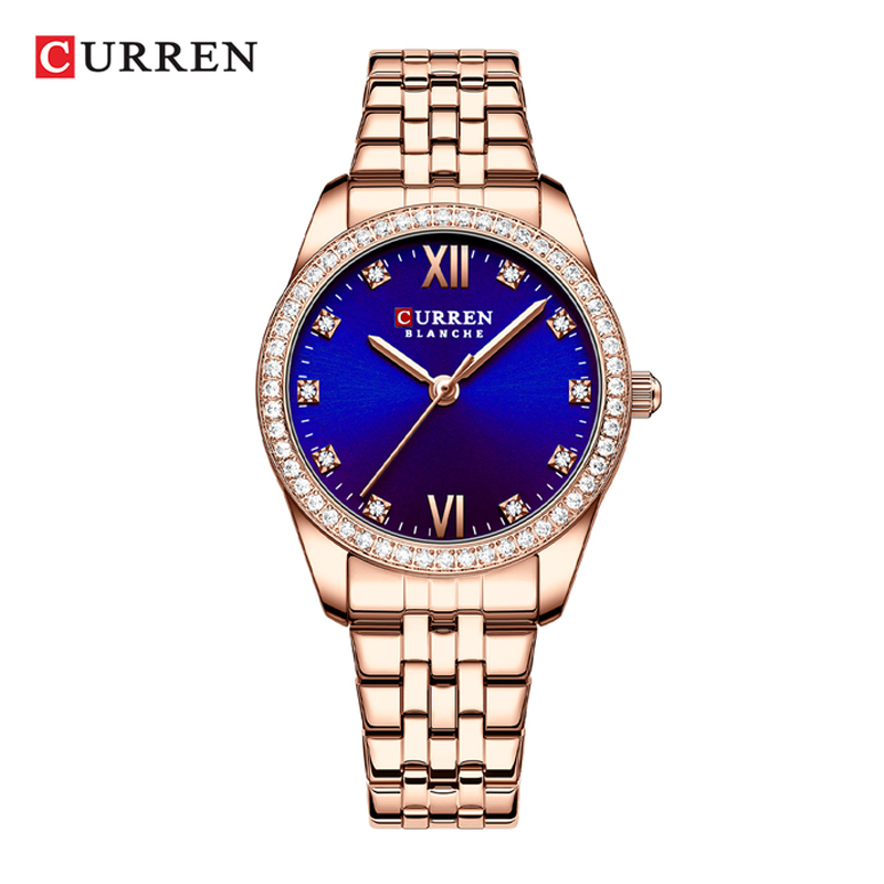 CURREN New Women's Luxury Quartz Stainless Steel Wristwatches with Shiny Rhinestones (Rose Blue)
