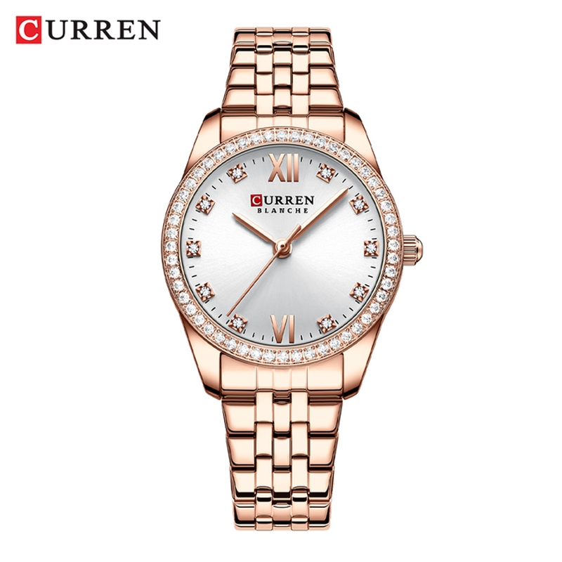 CURREN New Women's Luxury Quartz Stainless Steel Wristwatches with Shiny Rhinestones (Rose White)