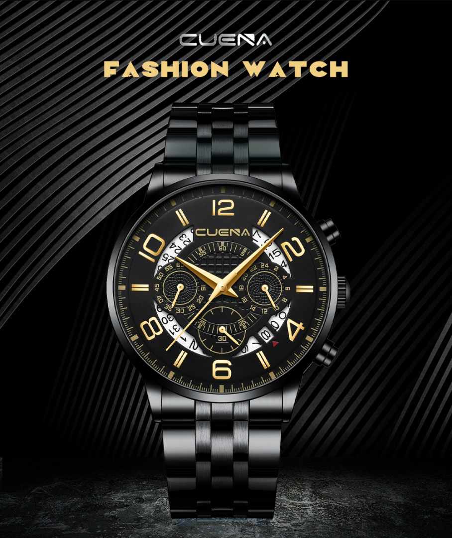 CUENA Men Waterproof Business Luxury Stainless Steel Quartz Analog Wrist Watch Black