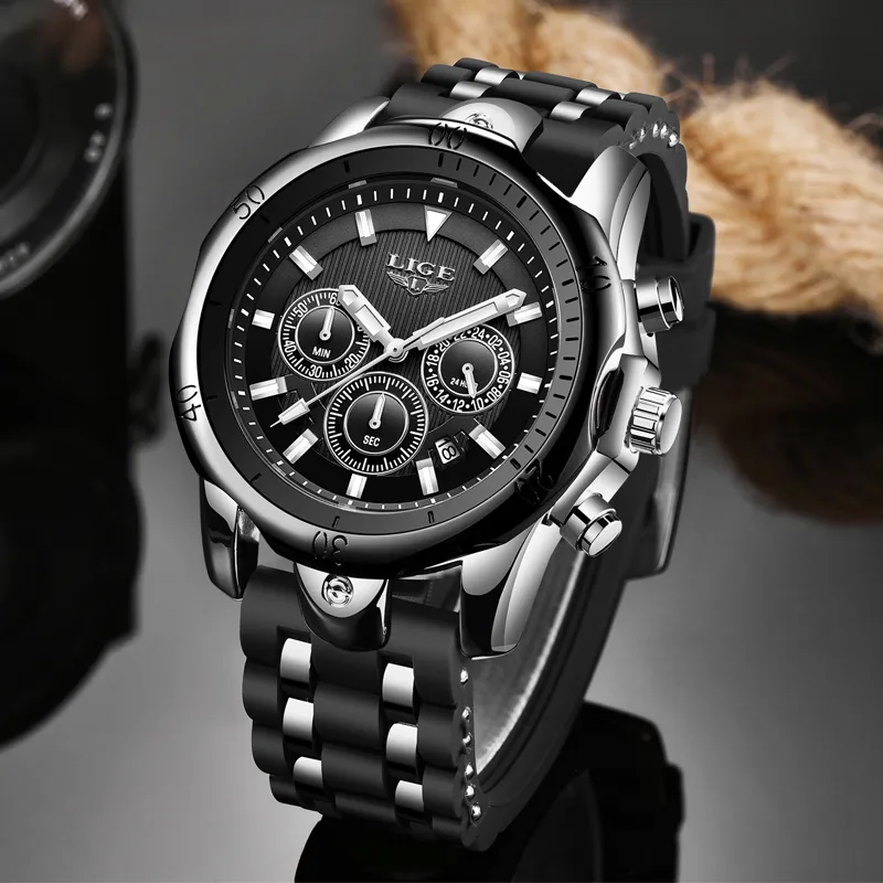 LIGE Silicon Belt Men Sports 30M Waterproof Quartz Date Clock Casual Military Wrist Watch