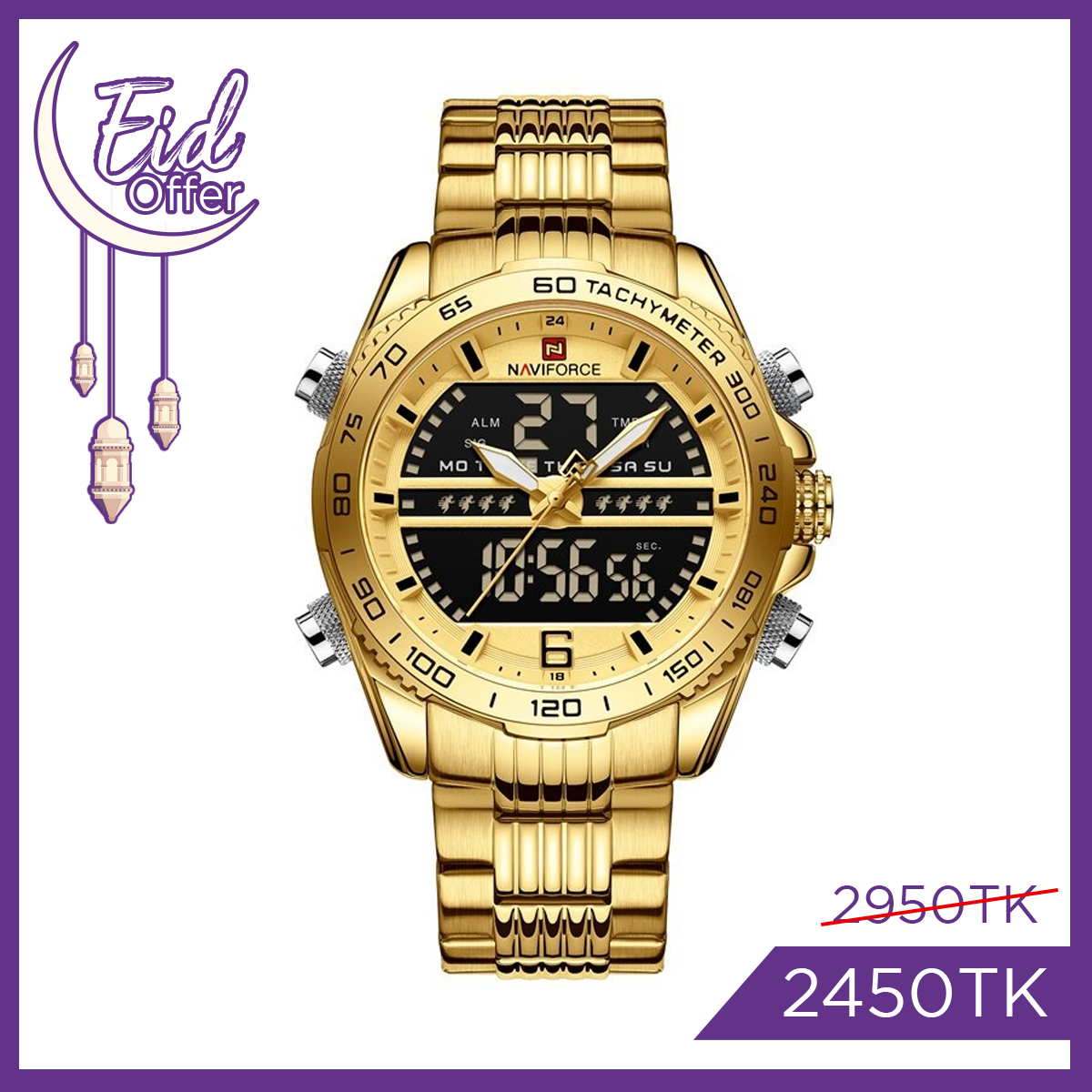 NAVIFORCE 9195 Top Brand Luxury Stainless steel Casual Men Watch Digital Male Wristwatch- Golden